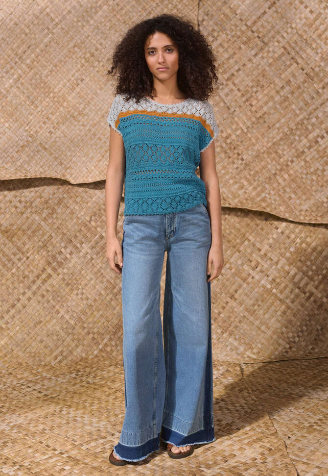 Crochet-stitch sweater, Cerulean ochre, completeTheLook