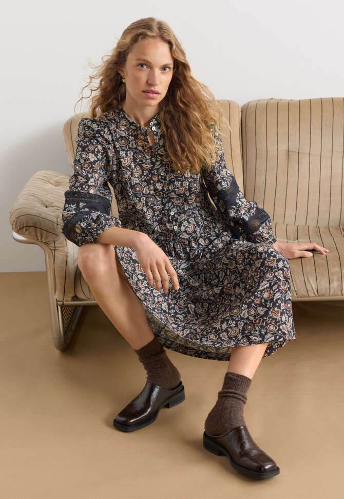 Dropped waist printed dress, Charcoal mink, completeTheLook