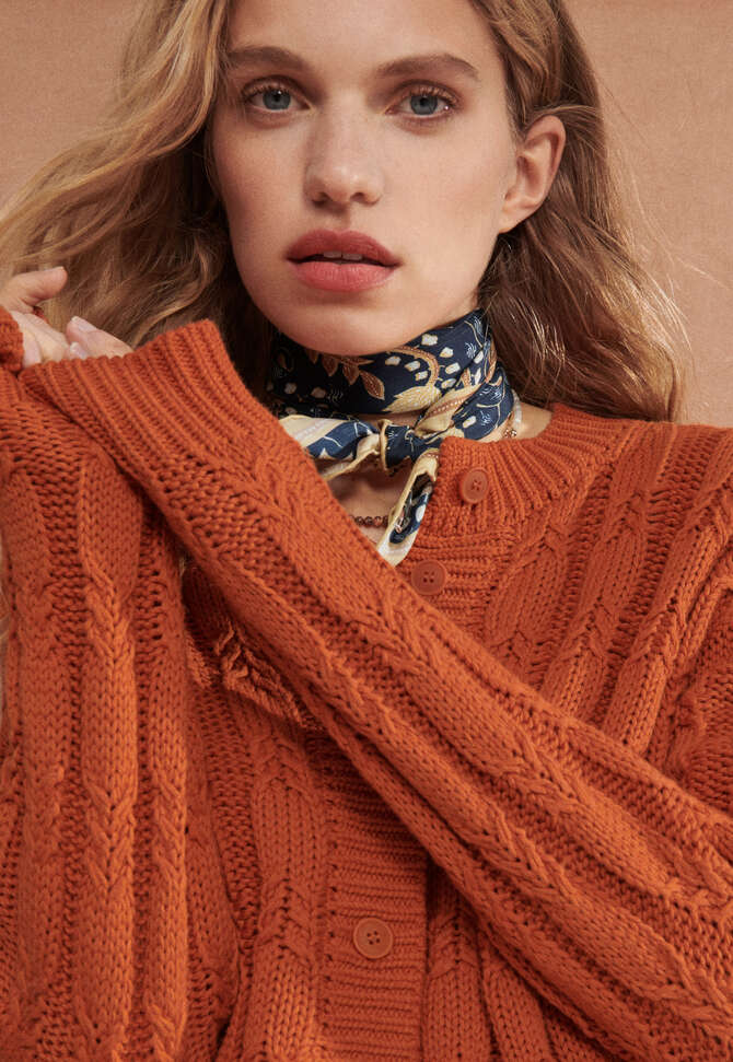 Cable-knit cardigan, Red orange, completeTheLook