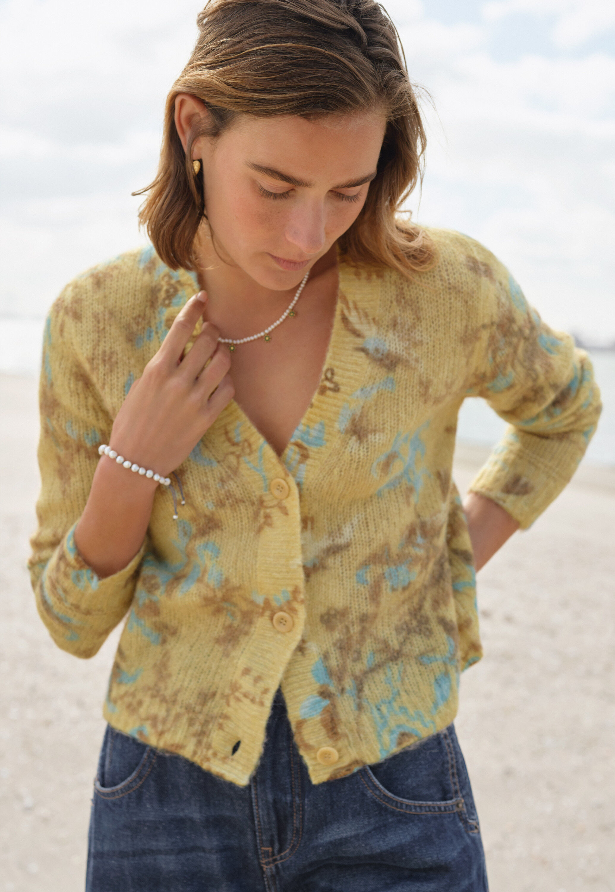 Printed cardigan, Lemon sky, large