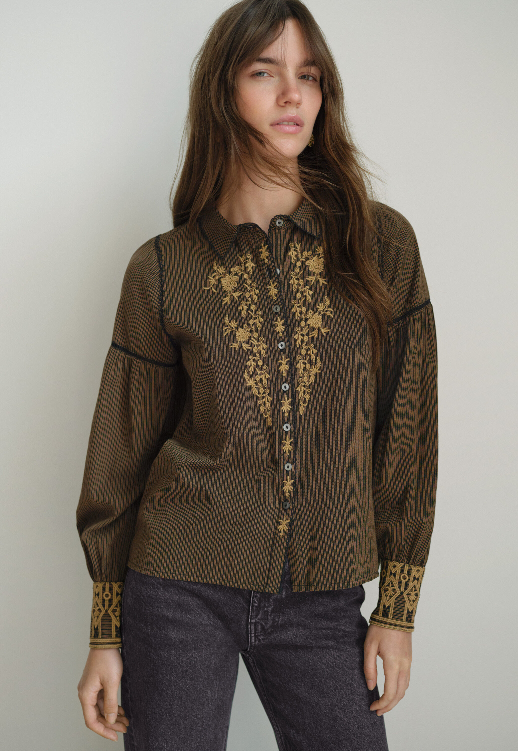 Embroidered self-stripe blouse, Espresso fawn, large