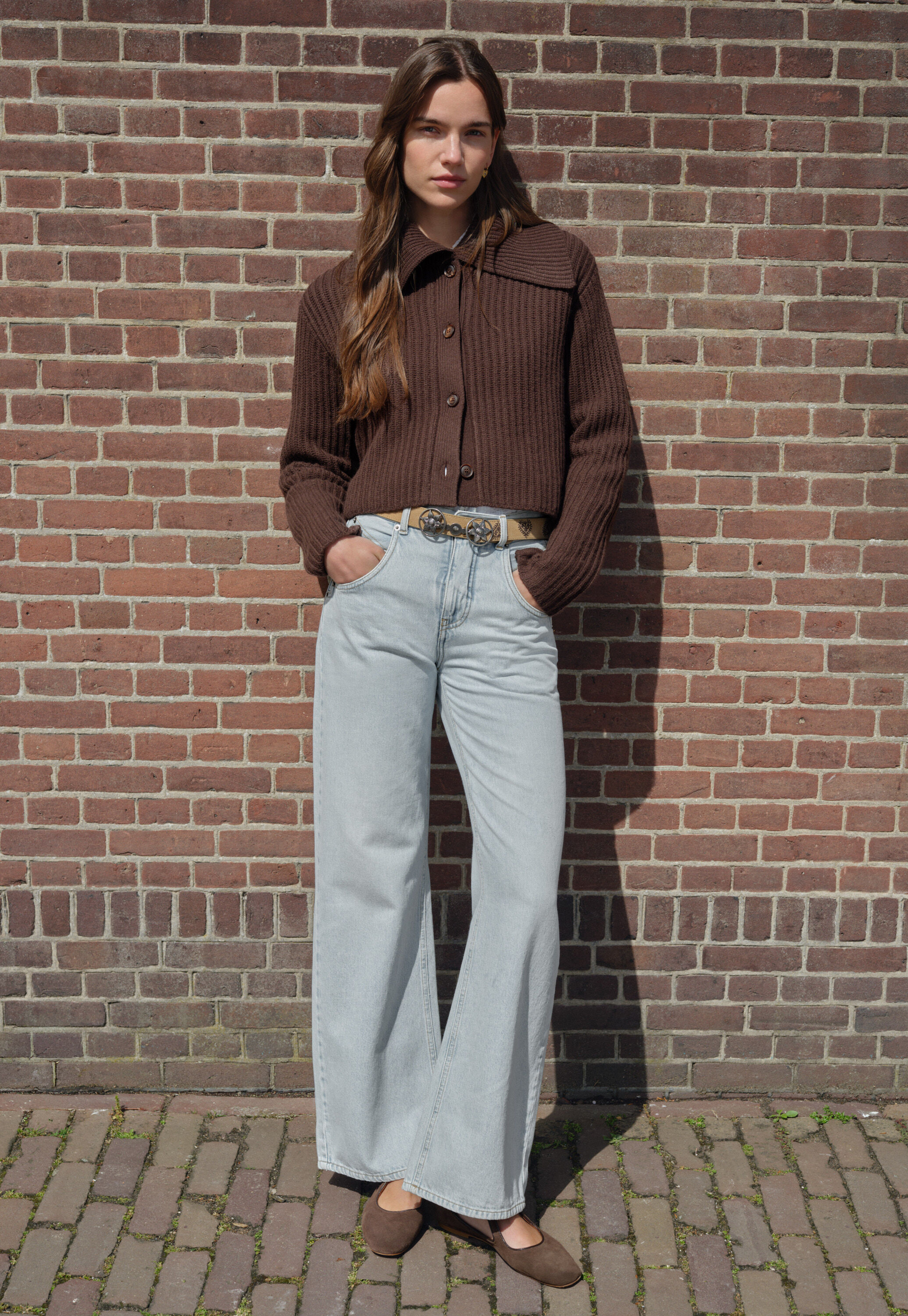 Rib-stitch collared cardigan, Dark chocolate, large