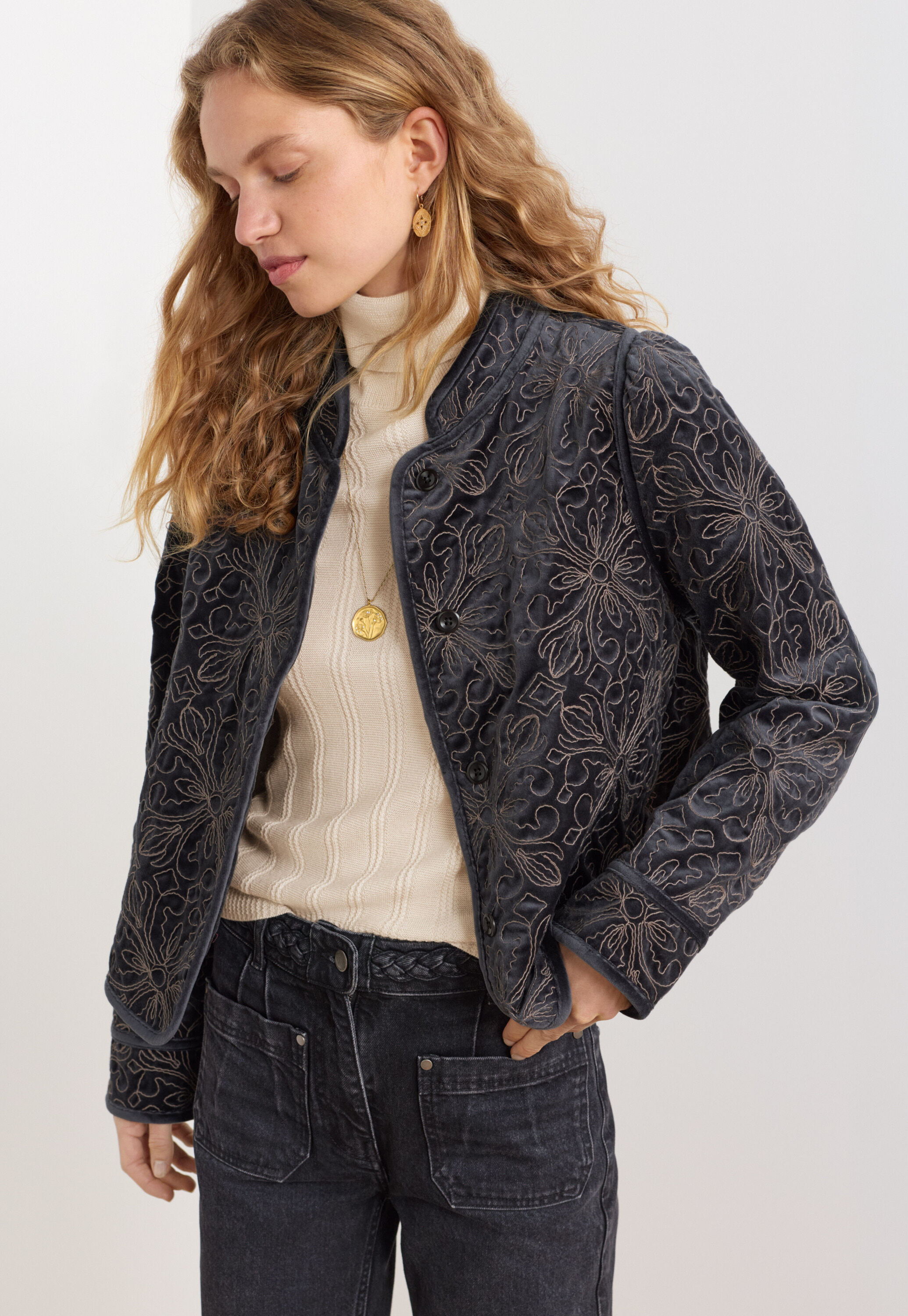 Embroidered velvet jacket, Charcoal, large