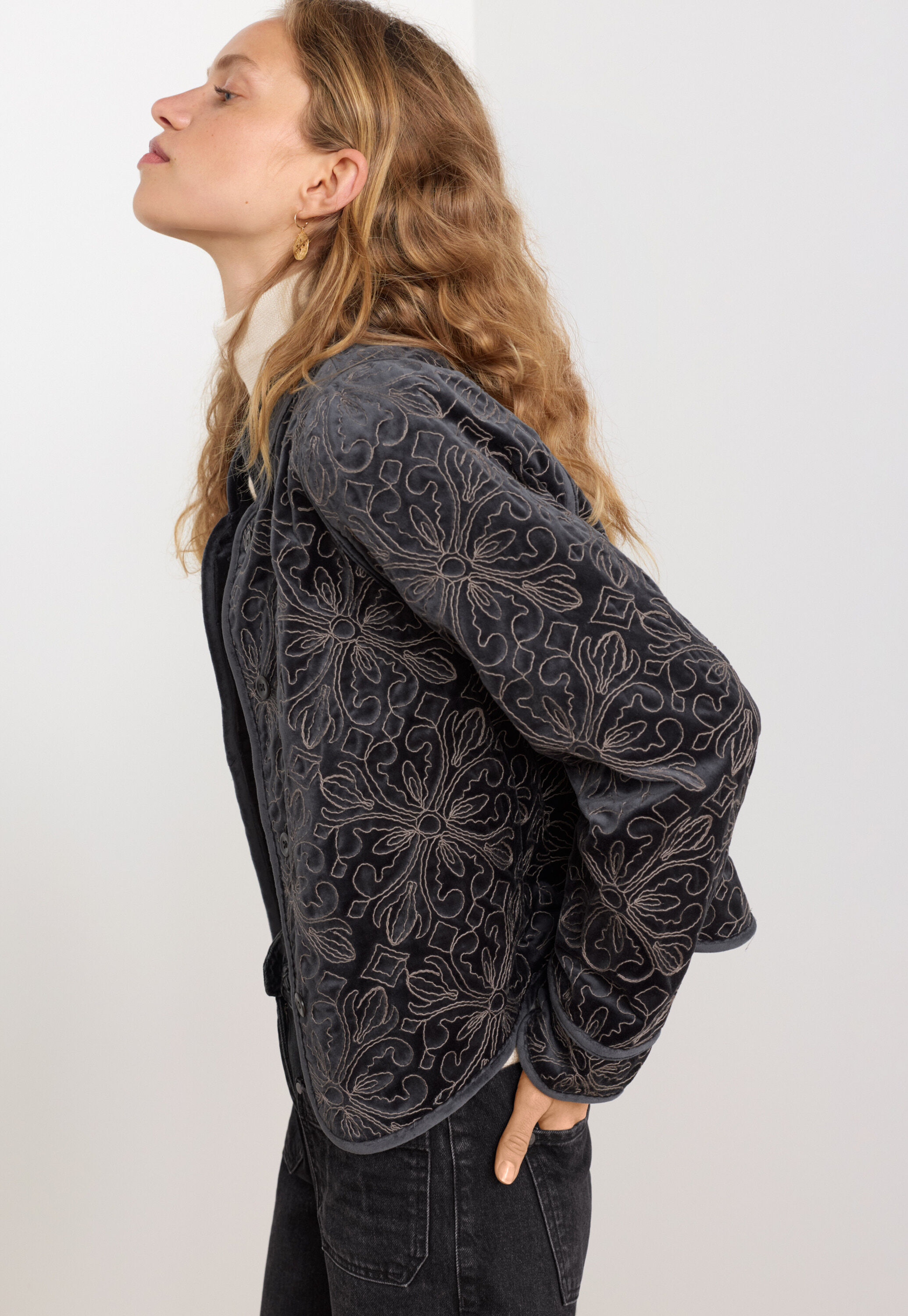 Embroidered velvet jacket, Charcoal, large