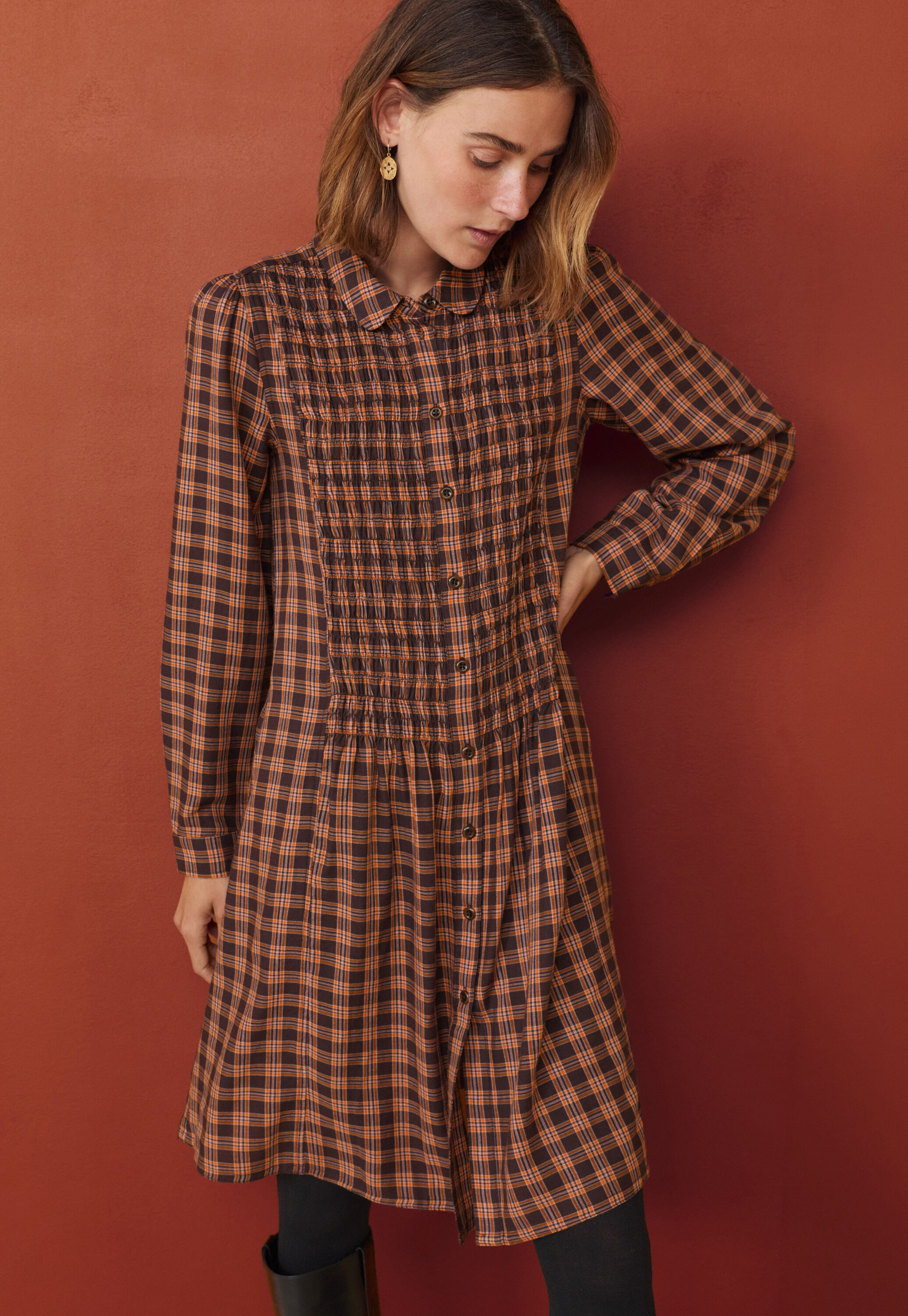 Shirred check dress, Brown spice, large