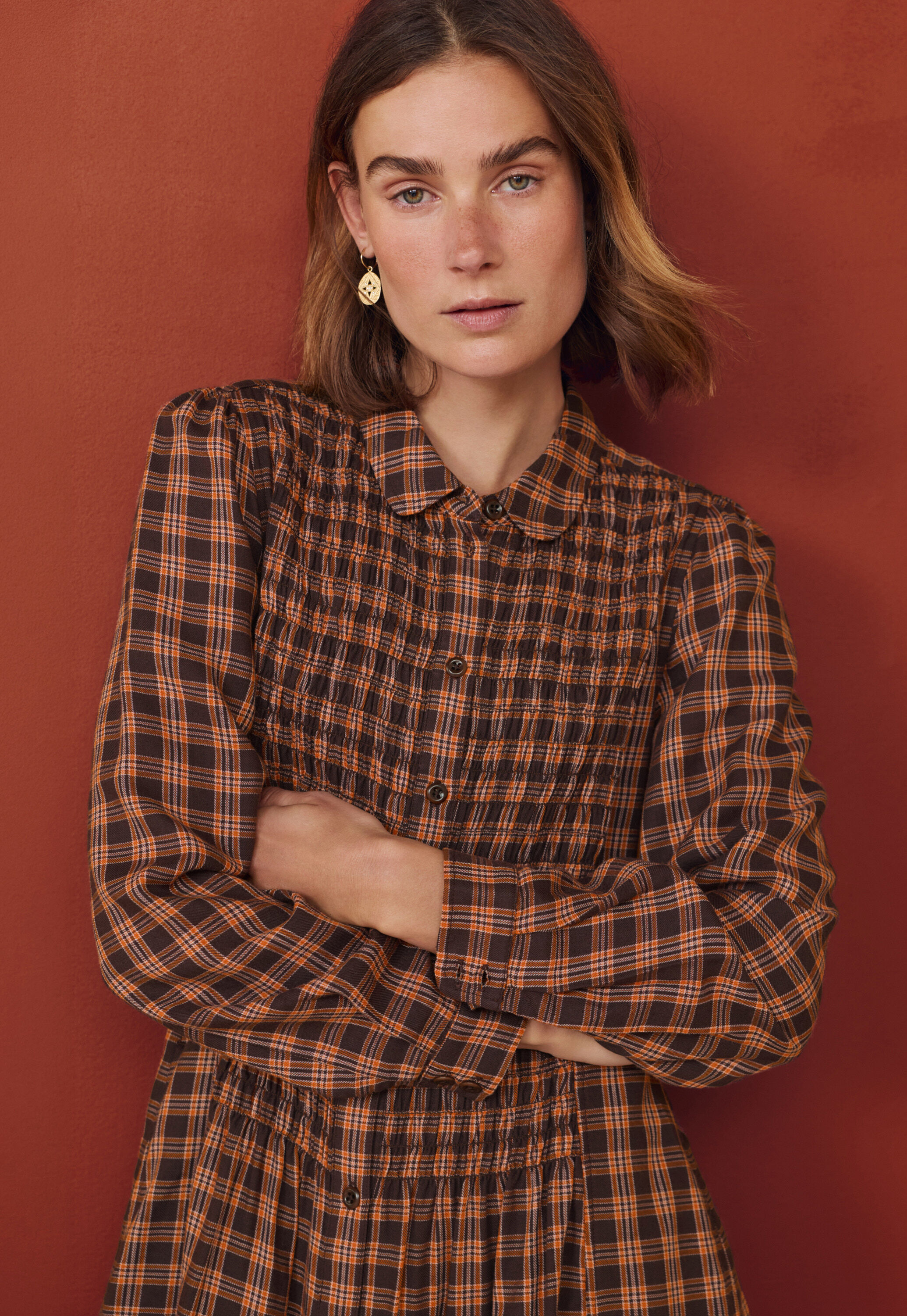 Shirred check dress, Brown spice, large