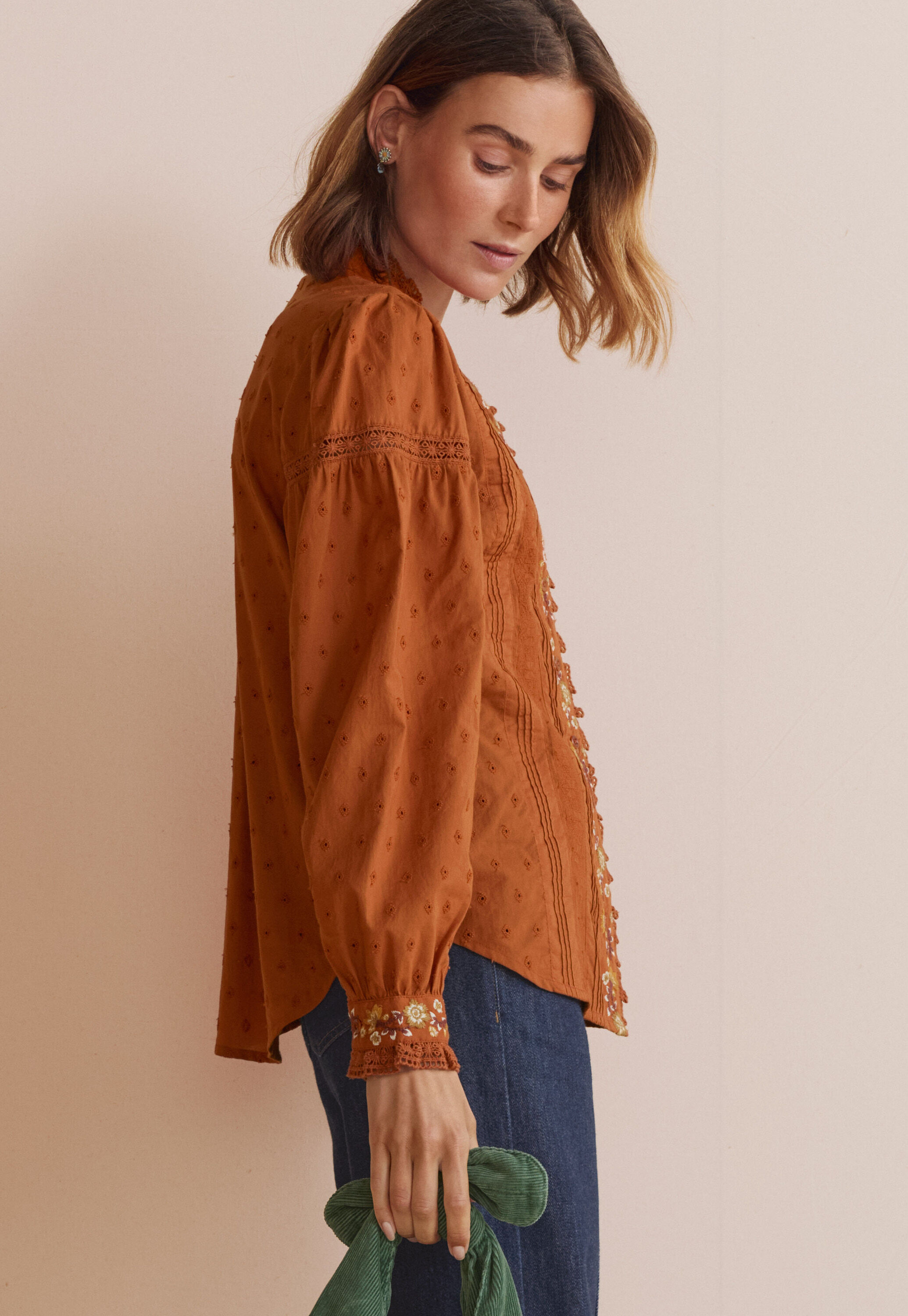 Embroidered broderie blouse, Terracotta, large