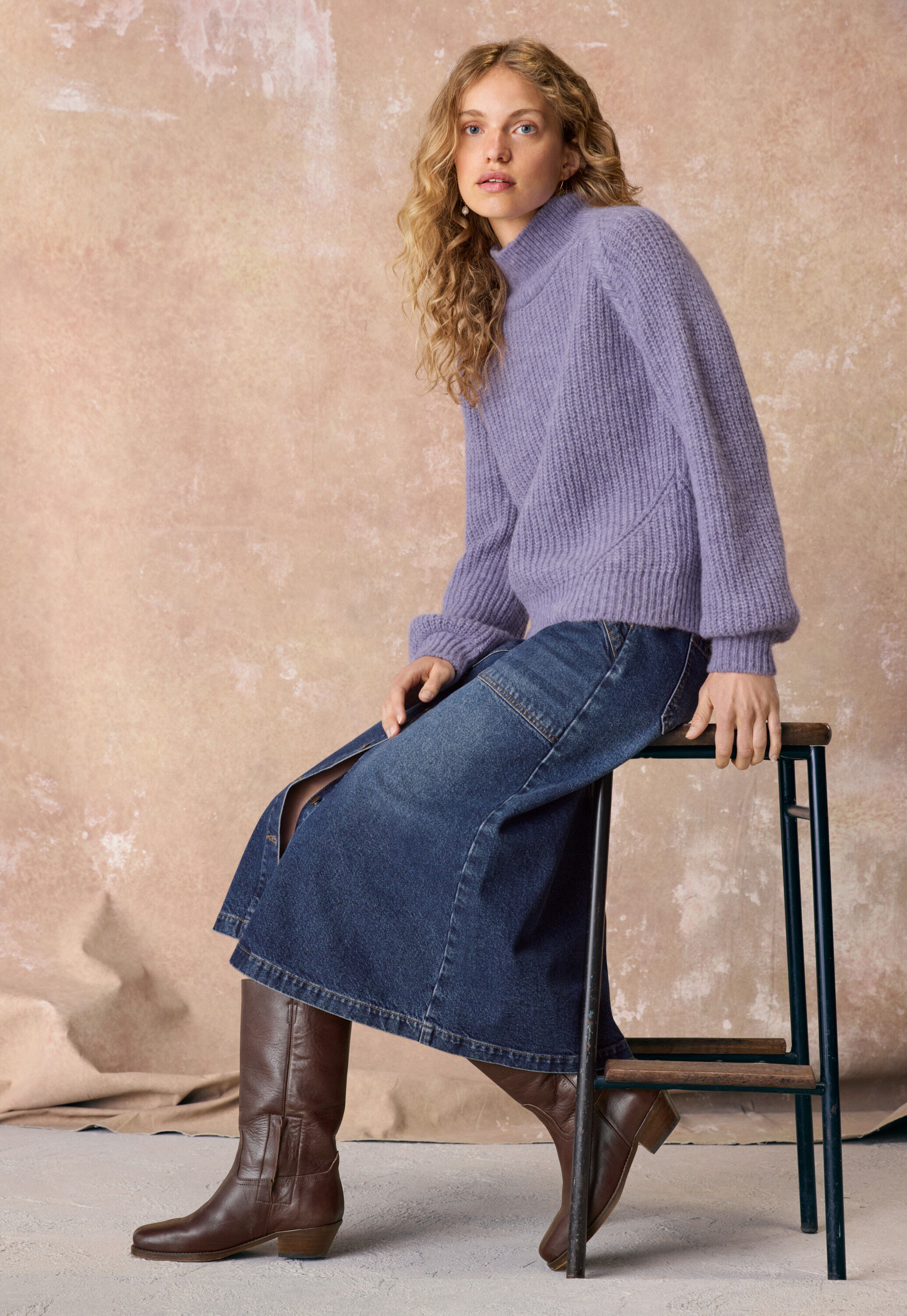 Denim button-front skirt